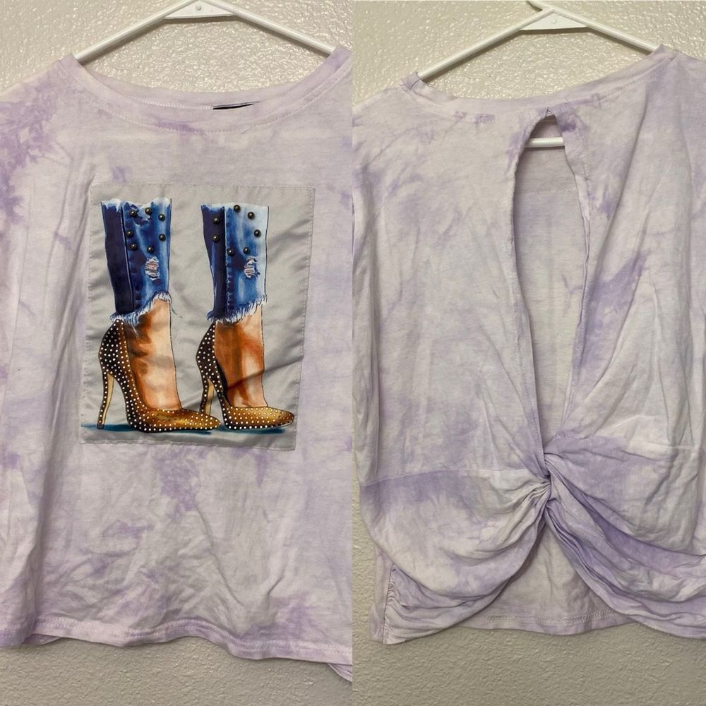Tie-dye embellished graphic T-shirt open back studded heels Festival concert L